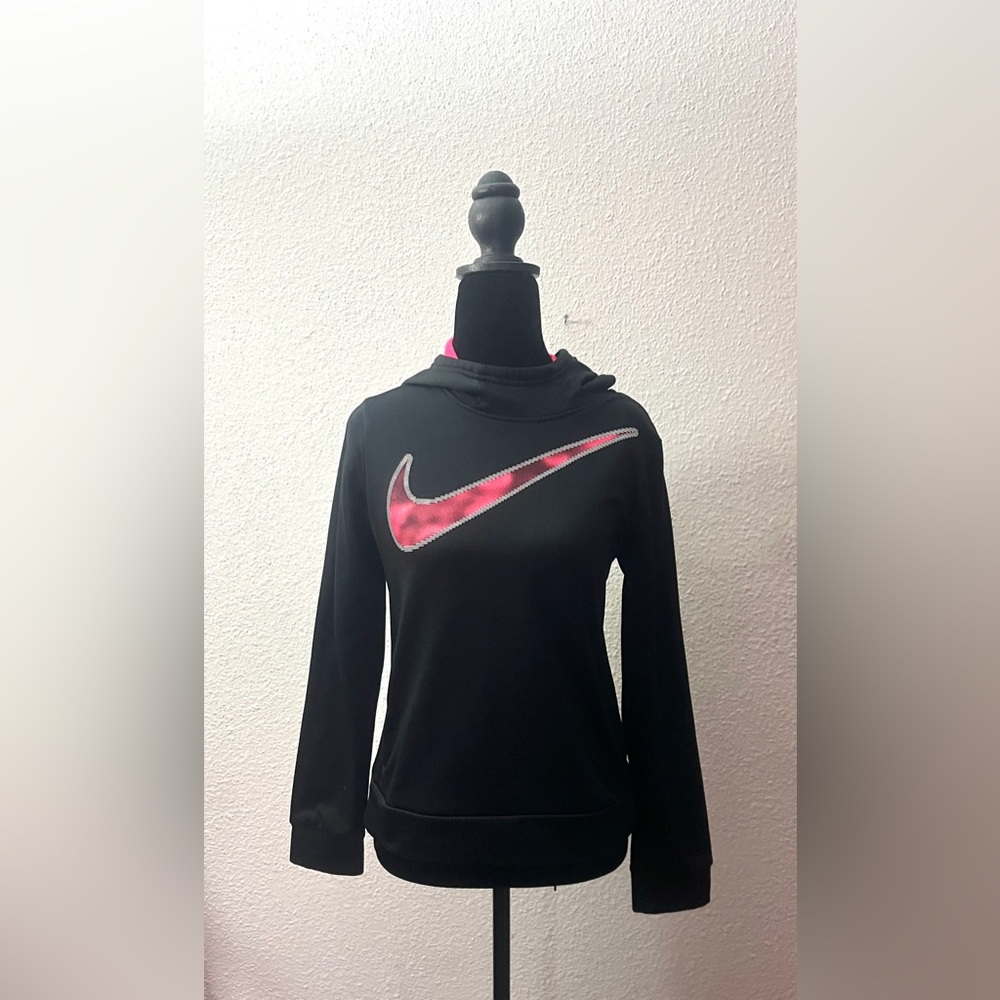 Nike Women's Black Hoodie with Pink Swoosh